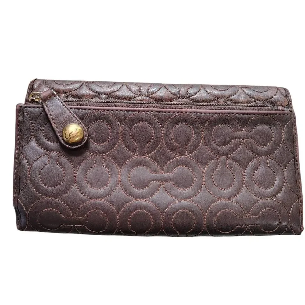 Authentic Coach quilted signature leather trifold wallet in rich brown with a so